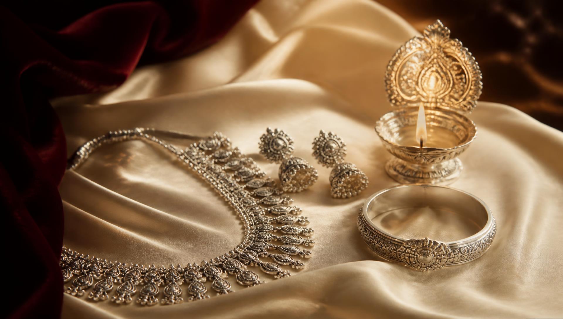 Silver jewellery and a lit silver diya on ivory silk